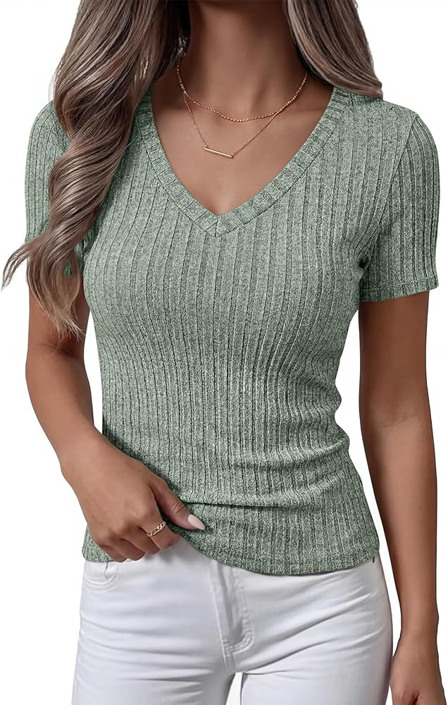 ANRABESS Womens Tops Short Sleeve V Neck Shirts Slim Fit Ribbed Knit Shirt 2026 Summer Dressy Cas... | Amazon (US)