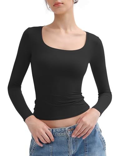 PUMIEY Women's Long Sleeve T Shirts Scoop Neck Slim Fit Going Out Tops Double Lined Basic Tee, Jet Black XX-Large | Amazon (US)