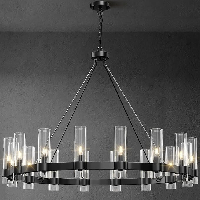 48 Inch Black Chandelier, Wagon Wheel Chandelier with Glass Shade, 16-Lights Large Round Modern F... | Amazon (US)