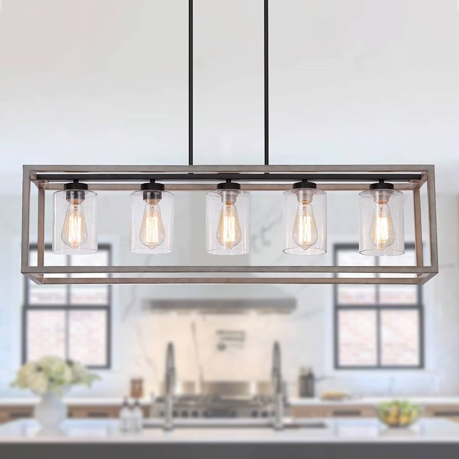 Farmhouse Large Linear Chandelier ORB+Oak White 5-Lights Rectangle Geometric Chandelier Light Fixtures for Dining Room Kitchen Island Adjustable | Amazon (US)