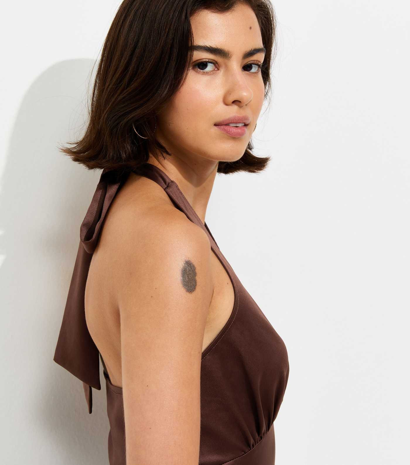 Dark Brown Satin Lace Trim Halteneck Midi Dress | New Look | New Look (UK)