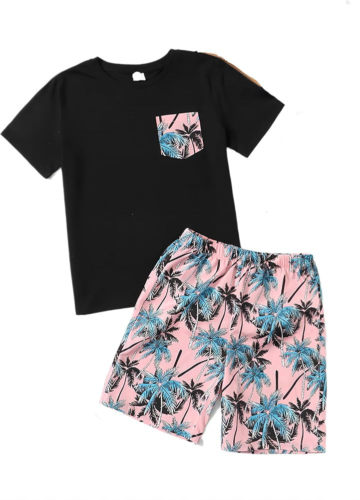 Floerns Boy's 2 Piece Outfit Summer Tropical Short Sleeve Tee Shirt and Shorts Set | Amazon (US)