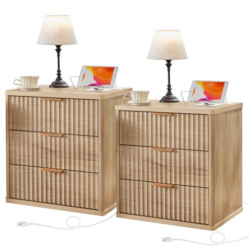 LEYAOYAO 23" Wide Fluted Farmhouse Night Stand Set of 2 with Charging Station, 3 Drawers Large End Table w/Metal Handle, Natural Nightstand Bedside Table,Wood Dresser for Bedroom, Closet | Amazon (US)