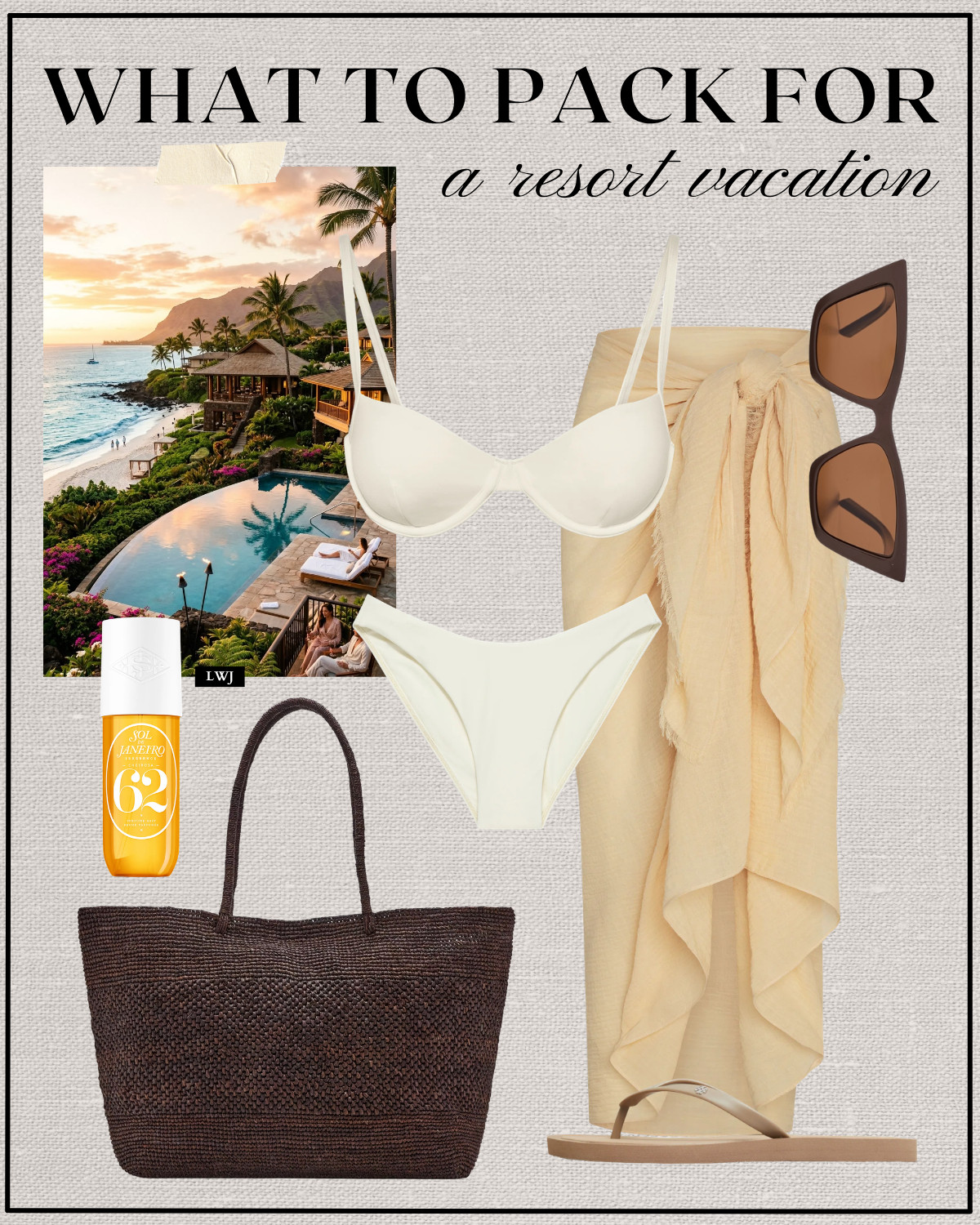 resort vacation outfit 

travel outfit / beach outfit / summer vacation / monday swimwear two piece / butter yellow sarong / cate eye sunglasses / sol de janeiro / chocolate brown woven tote bag / beige flip flops 

 

#LTKTravel