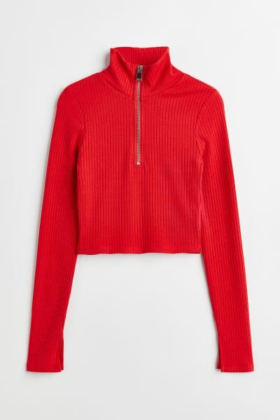 Half-zip Rib-knit Top - Red - Ladies | H&M US | H&M (US + CA)