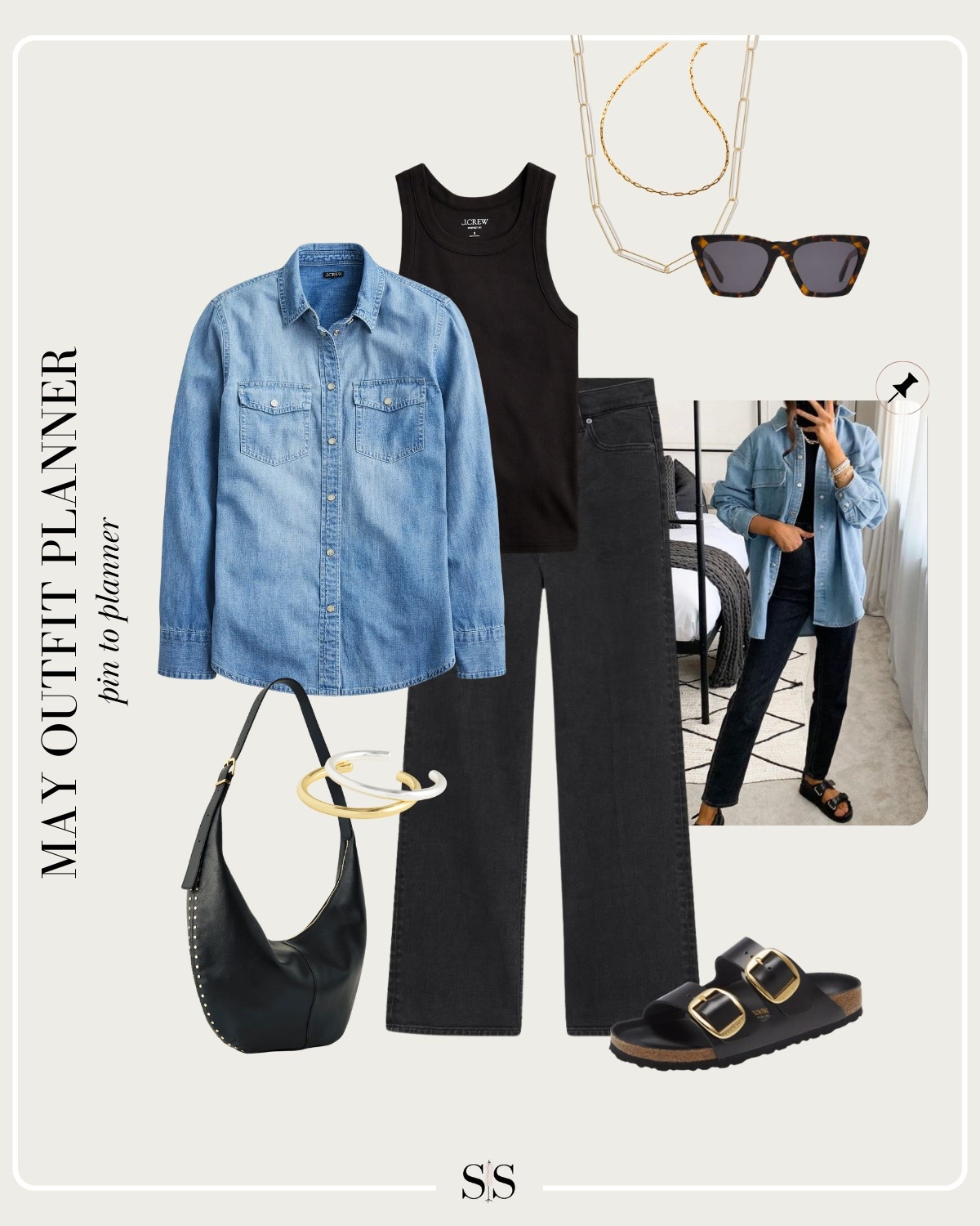 Monthly outfit planner MAY: Spring looks, pin to planner outfit inspo | black denim, chambray shirt, black tank, Birkenstocks, leather tote

#springoutfit #casualstyle

Image credit: Pinterest 

#LTKStyleTip