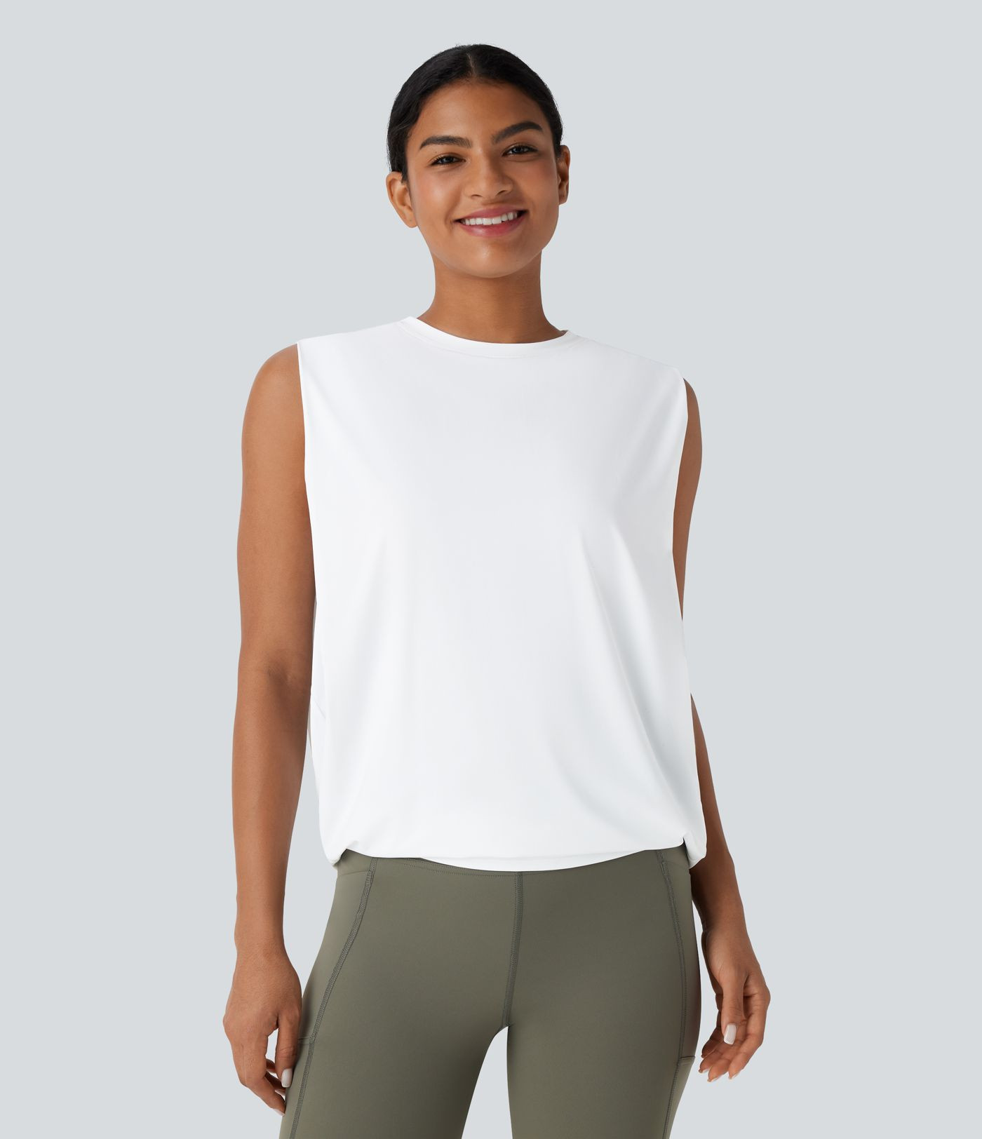 Round Neck Ruched Cool Touch Yoga Tank Top-UPF50+ | HALARA