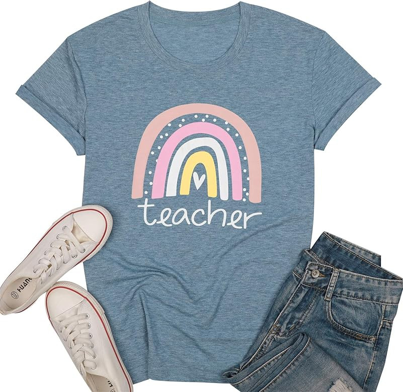 Rainbow Teacher T-Shirt Women Teacher Love Heart Cute Graphic Inspirational Casual Tops Shirt | Amazon (US)
