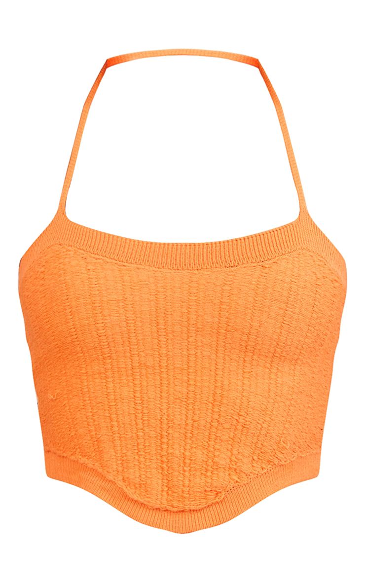 Bright Orange Soft Knit Pattern Halter Tie Top | PrettyLittleThing US