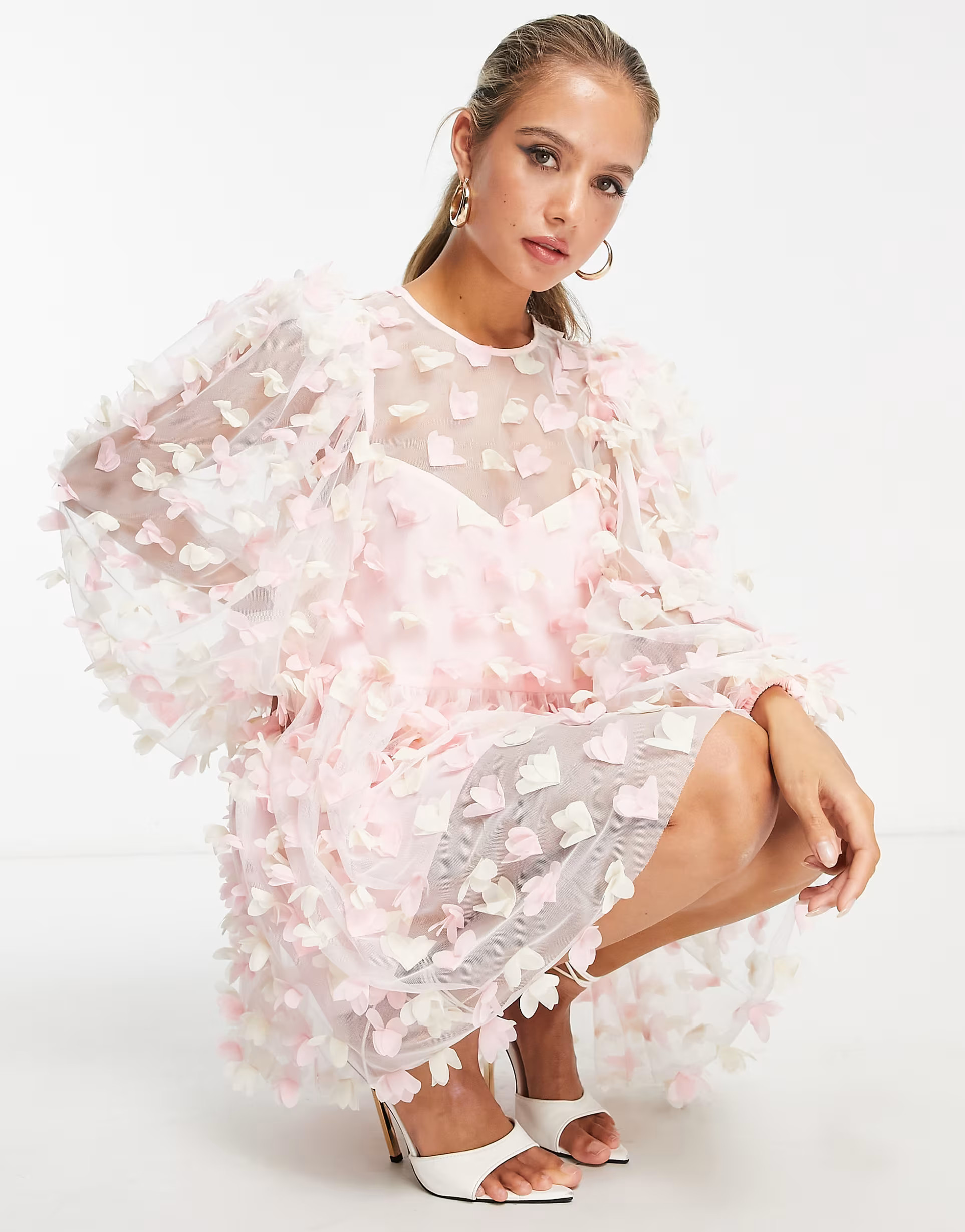 ASOS EDTION 3d floral mesh smock mini dress in pink | ASOS (Global)