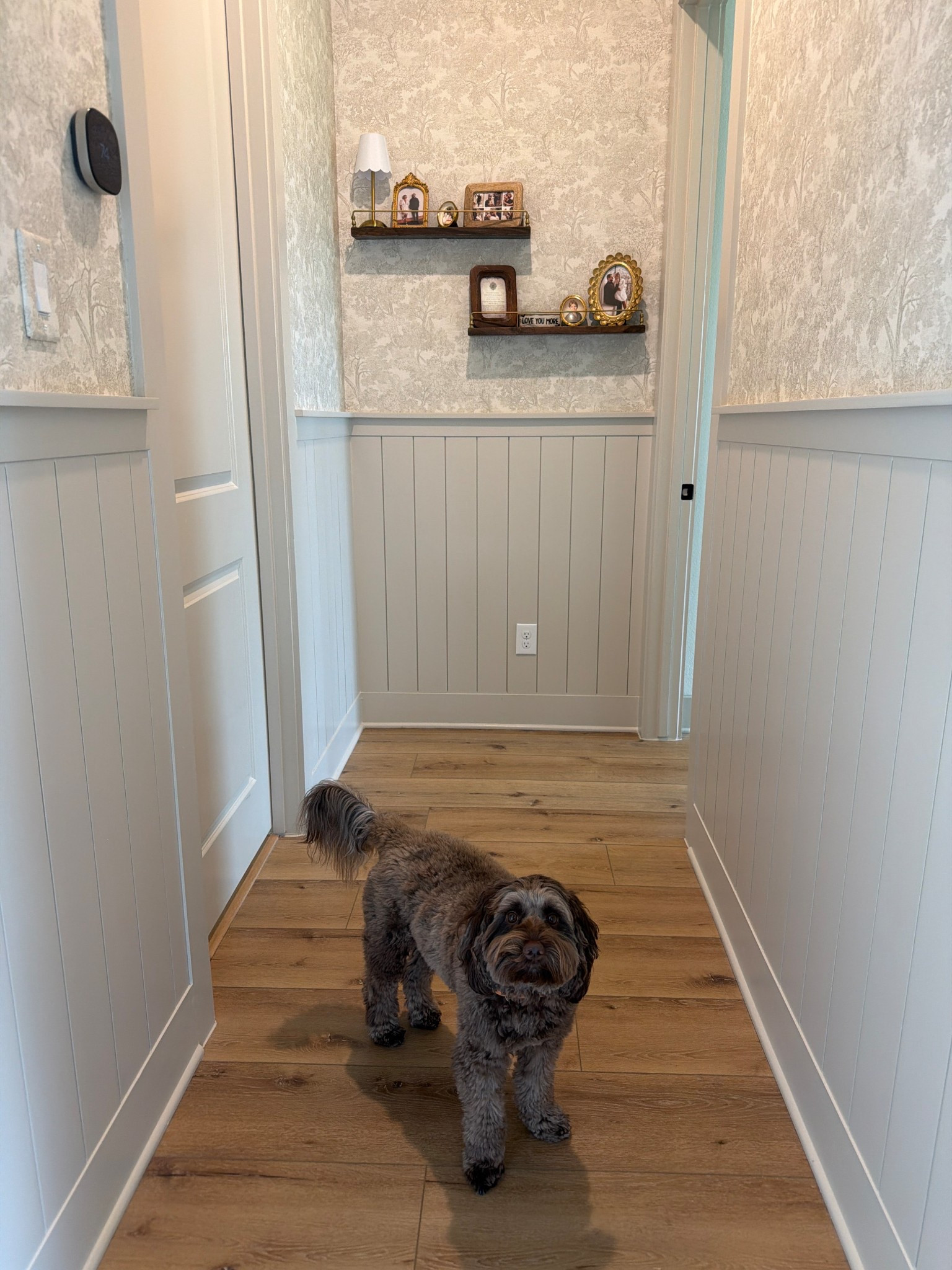 Absolutely love this board and batten with wallpaper ! I linked all the materials we used for board and batten It was only 3 different pieces from Lowe’s for the board and batten. We sat it right on top of our baseboards.