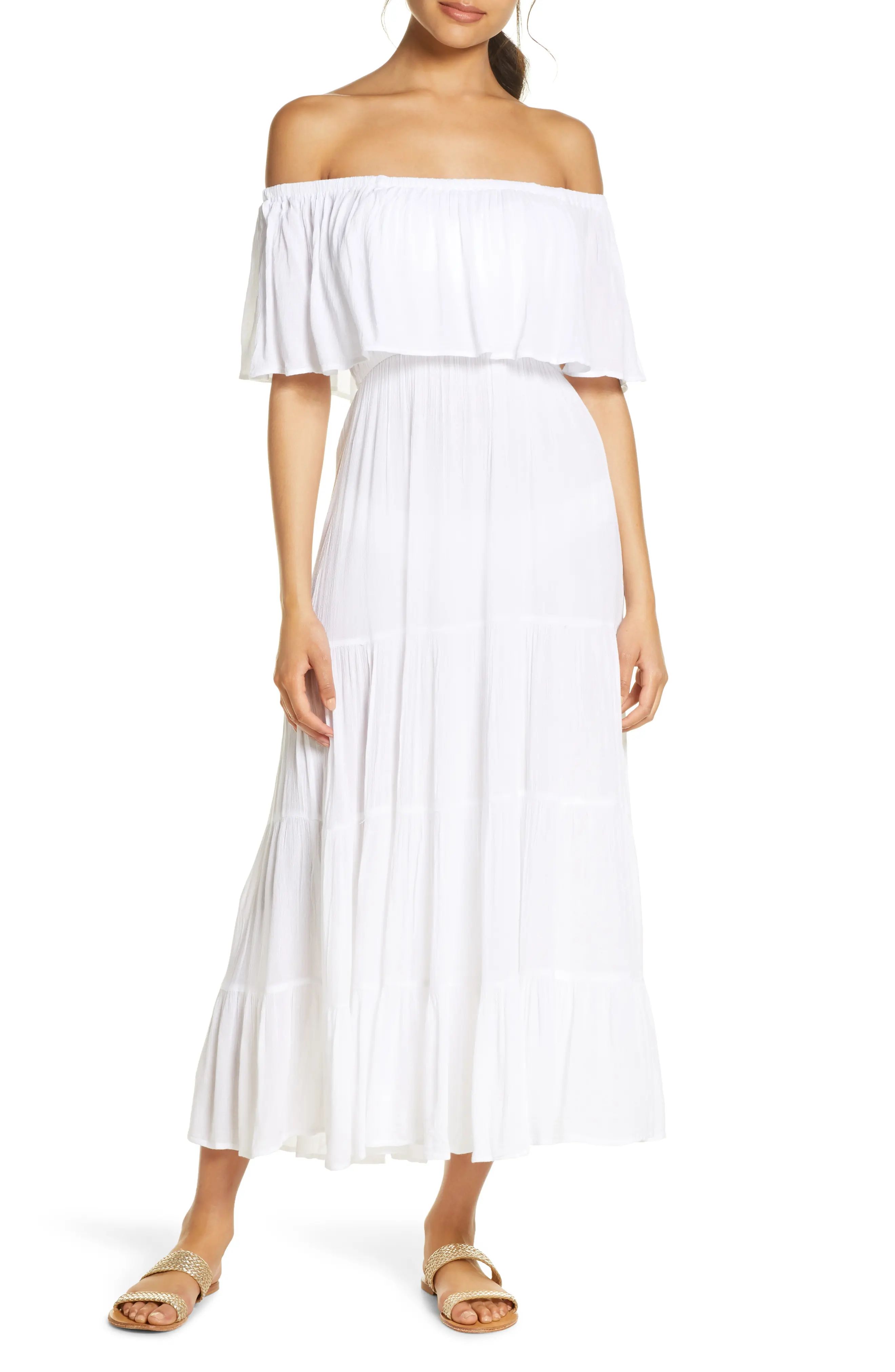 Women's Elan Off The Shoulder Ruffle Cover-Up Maxi Dress, Size Medium - White | Nordstrom
