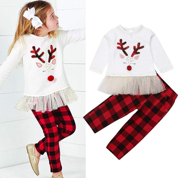 Christmas Toddler Infant Baby Girl Reindeer Long Sleeve lace Dress Tops Plaid Pants 2pcs Set Prin... | Amazon (US)