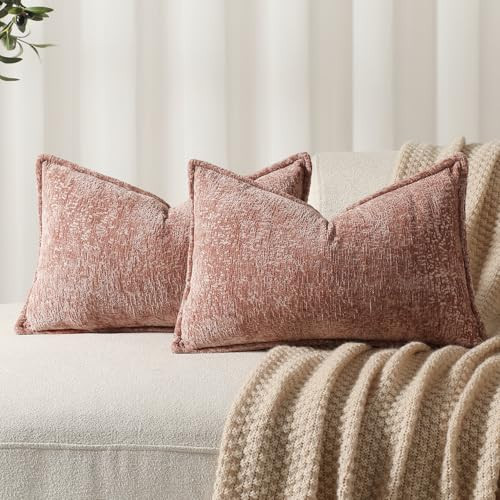 DEZENE Pack of 2 Dusty Pink Decorative Throw Pillow Covers 12x20 Cozy Soft Chenille Boho Accent Vintage Farmhouse Rectangular Lumbar Couch Pillow Covers for Home Decor Bed Sofa Living Room | Amazon (US)