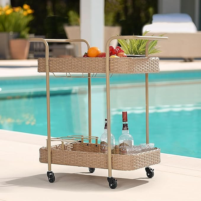 Pamapic Patio Outdoor Bar Cart,Outdoor 2-Tier Rolling Bar Beverage Cart Steel PE Wicker, Bottle a... | Amazon (US)
