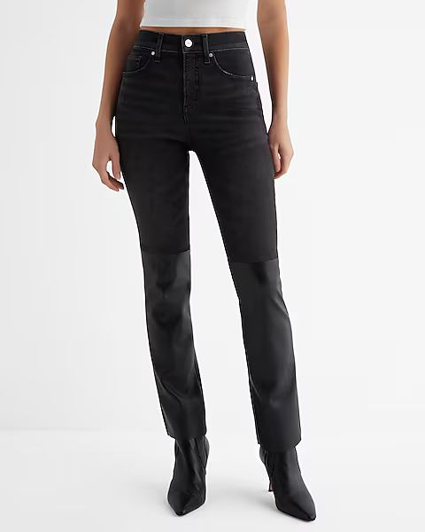 Super High Waisted Faux Leather Paneled '90s Slim Jeans | Express