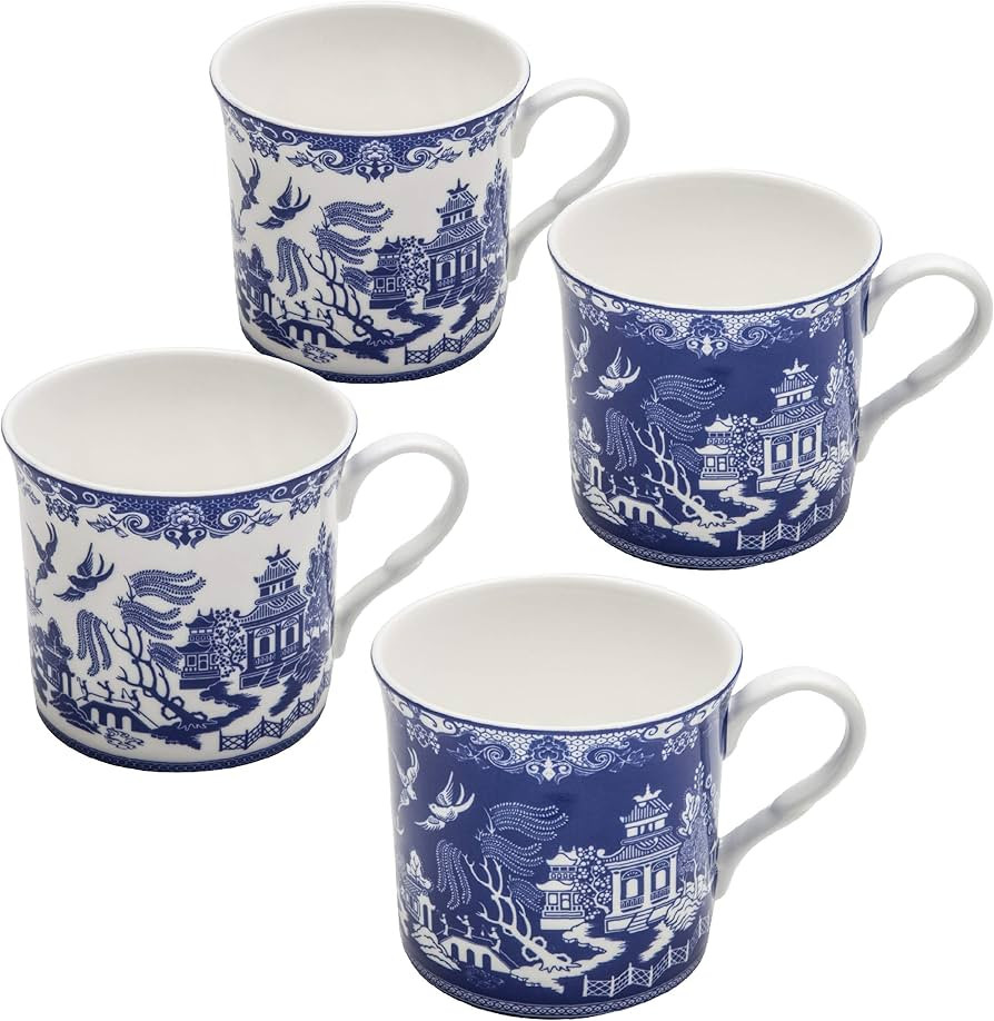 Blue Willow Bone China Coffee Tea Mugs 10-Ounce (2 Assorted Patterns, Set of 4) (S17301I/C-BLU-6) | Amazon (US)
