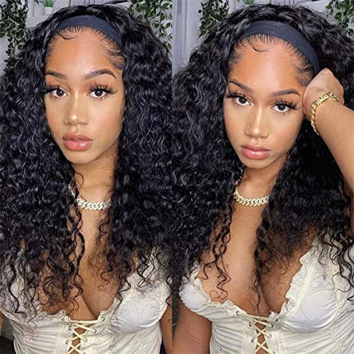 ISEE Headband Human Hair Wigs 180% Density Water Wave Curly None Lace Front Wigs for Black Women Glueless Deep Wave Machine Made 24Inch | Amazon (US)