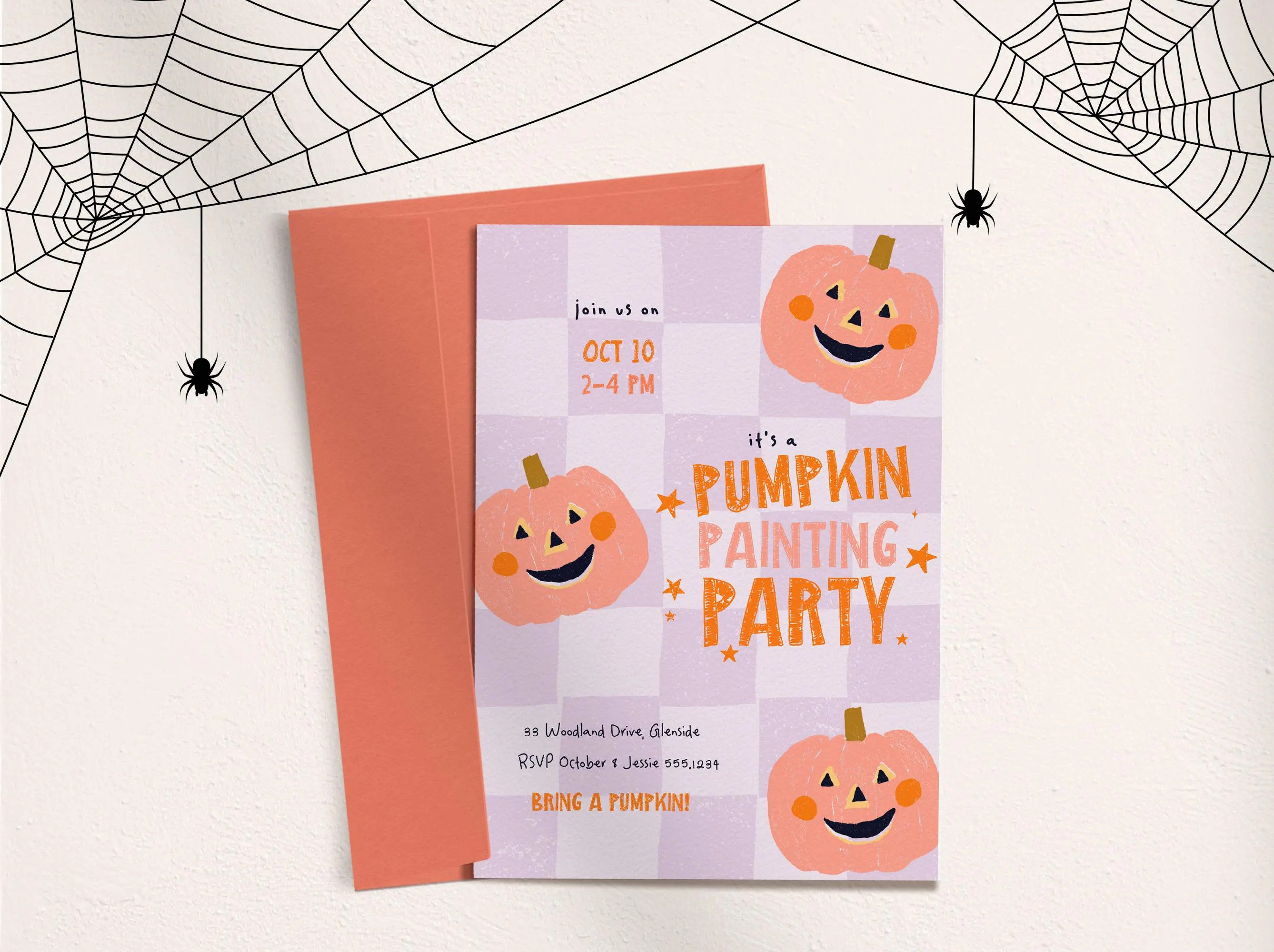 Pumpkin Painting Party Invitation, Purple Checkered Halloween Party Invite Template C465 | Etsy (Global)