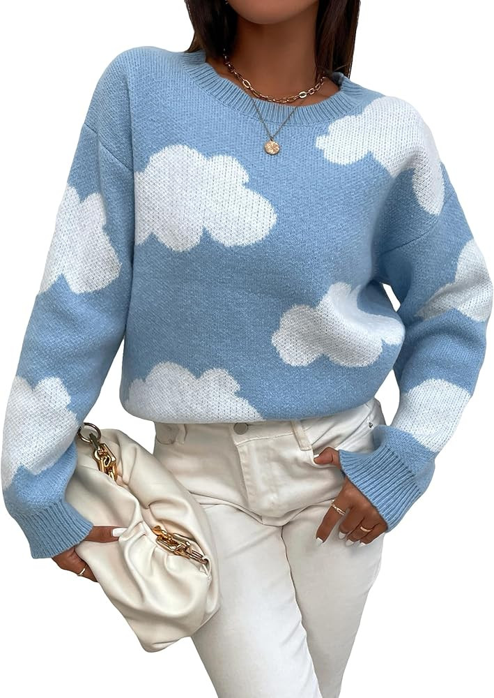 SHENHE Women's Crewneck Drop Shoulder Cloud Pattern Casual Sweater Pullover Jumper | Amazon (US)