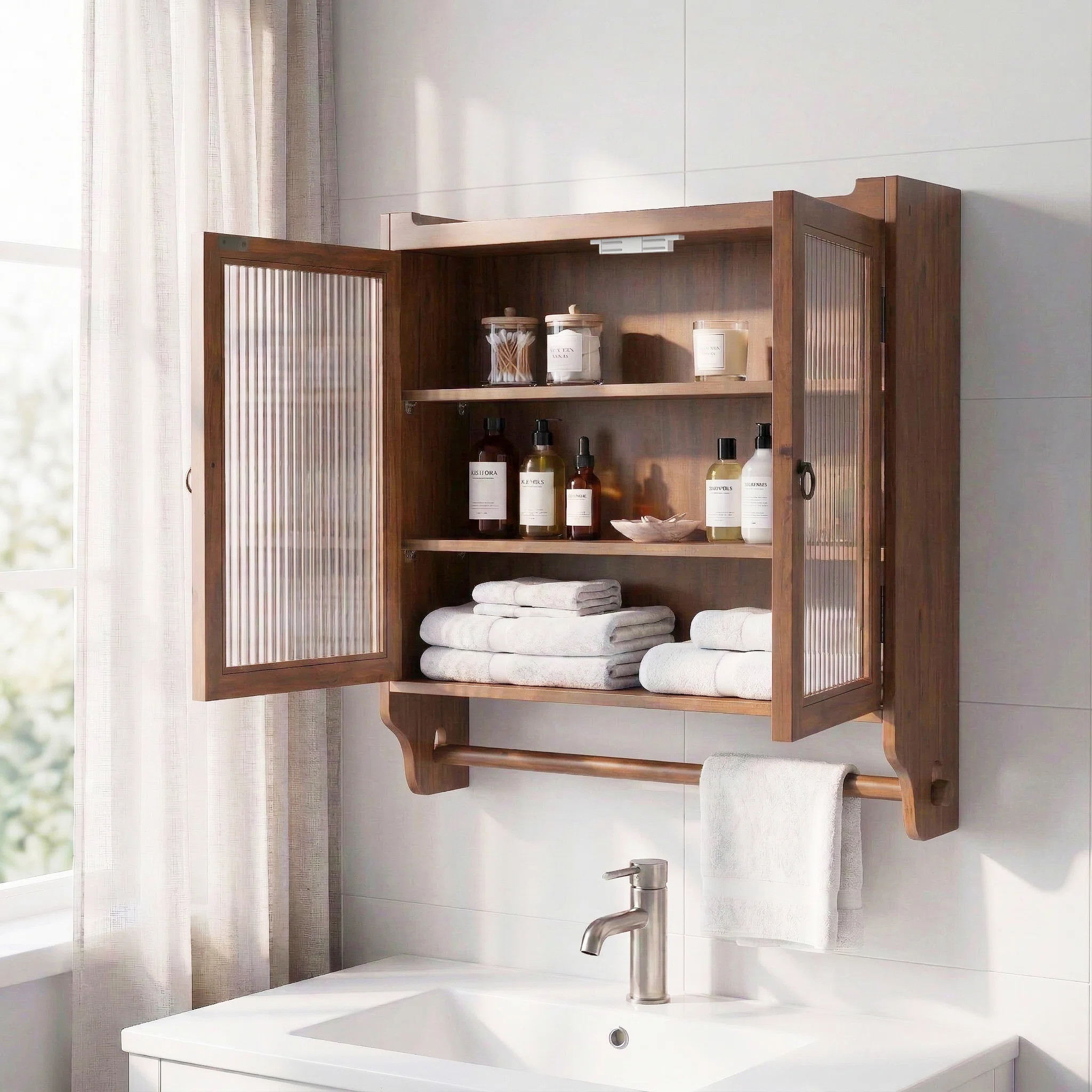 Vintage Ribbed Glass Wall Cabinet with Towel Bar, 3-Tier Bathroom Storage Cabinet | Wayfair North America