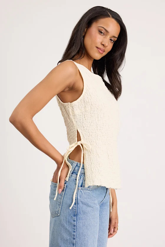 Bizzy Cream Textured Side-Tie Tank Top | Lulus