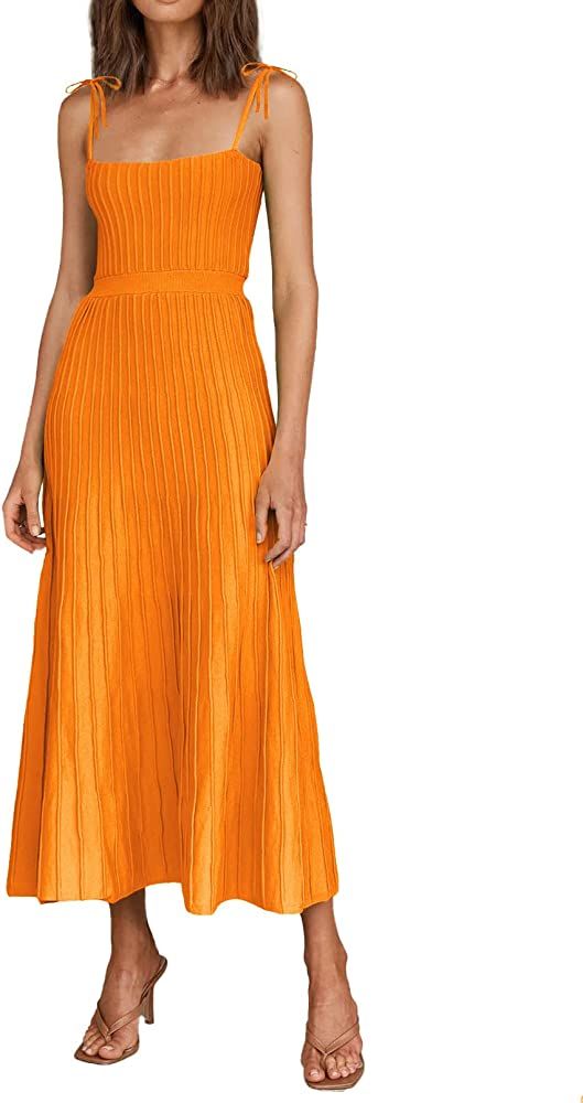 ARTFREE Womens Ribbed Knit Summer Maxi Dresses Tie Straps Square Neck Party Long Dress | Amazon (US)