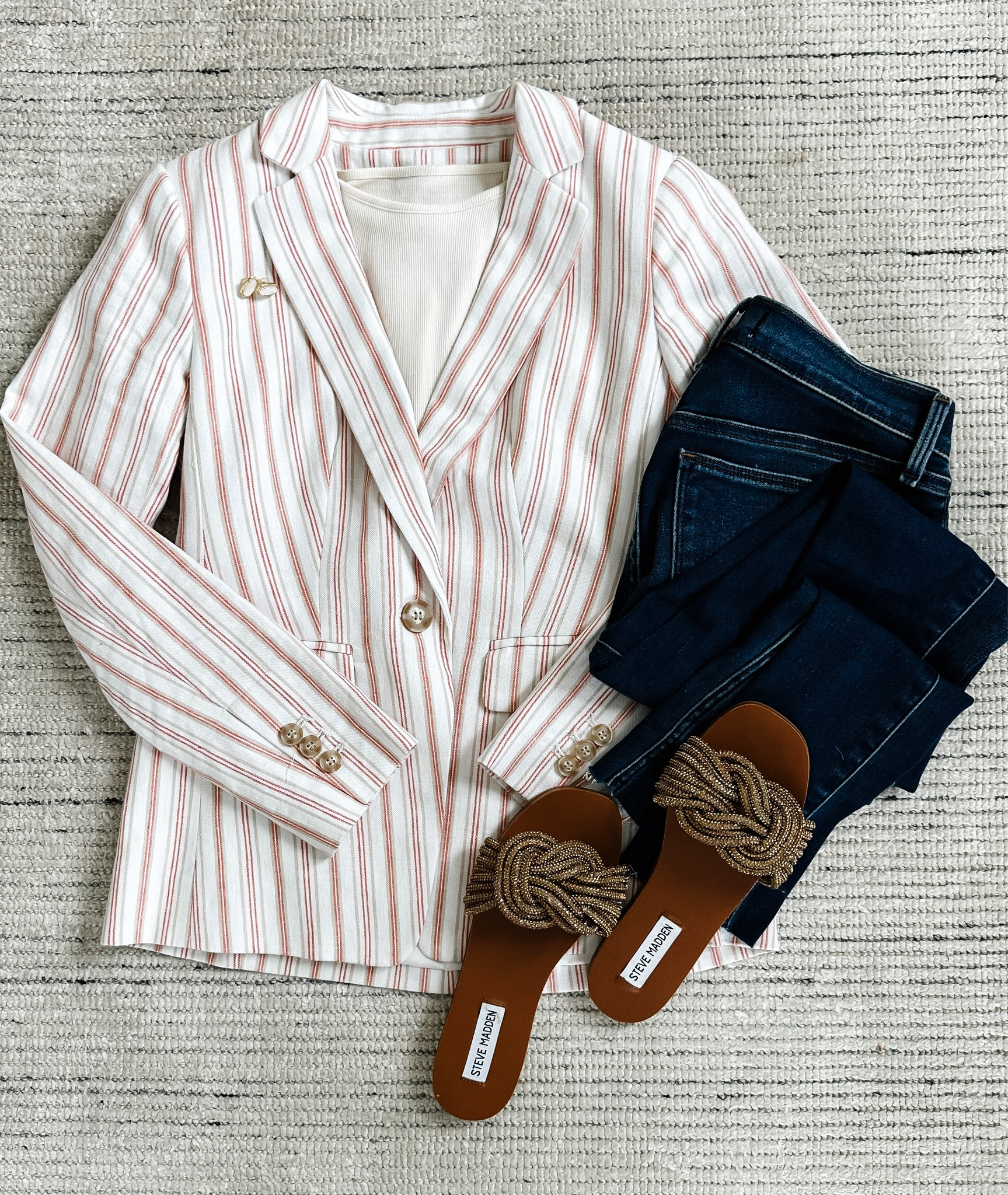 Smart casual outfit with striped linen blazer paired with jeans and sandals for a fun spring look! The blazer is currently 30% off at Loft. Great for more casual workwear, lunches or an elevated spring outfit  

#LTKsalealert #LTKstyletip #LTKSeasonal