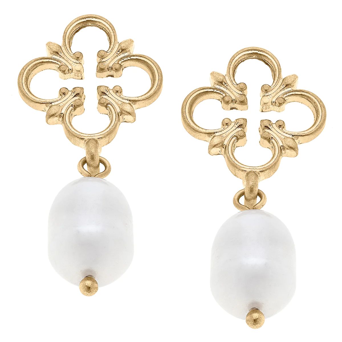 Suzette Open Quatrefoil & Pearl Drop Earrings in Worn Gold | CANVAS