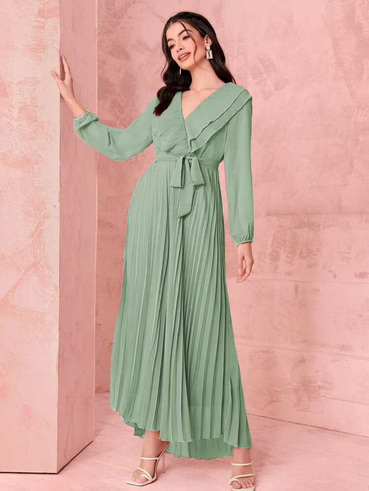 Surplice Neck Belted Pleated Hem Dress | SHEIN