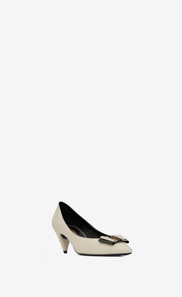 low pumps with a covered kitten heel and pointed toe featuring a flat double bow with metal YSL m... | Saint Laurent Inc. (Global)