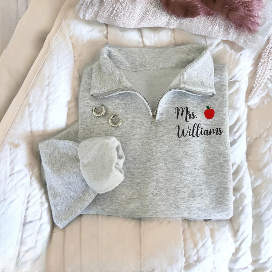 Personalized Teacher Quarter Zip Jacket, Teacher Name Apple Quarter Zip, Teacher Pullover Sweatsh... | Etsy (US)