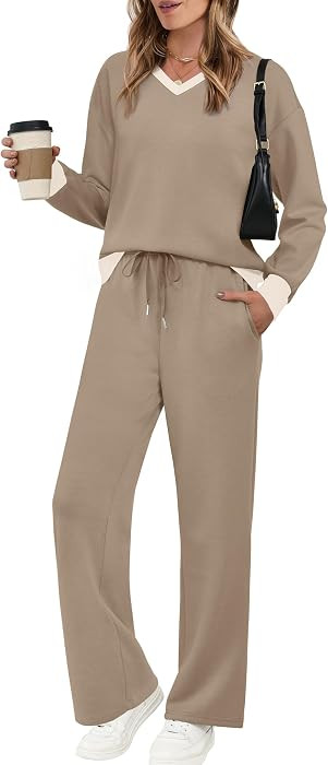 WIHOLL Lounge Sets for Women 2026 V Neck 2 Piece Outfits Airport Wide Leg Pants Matching Set Swea... | Amazon (US)