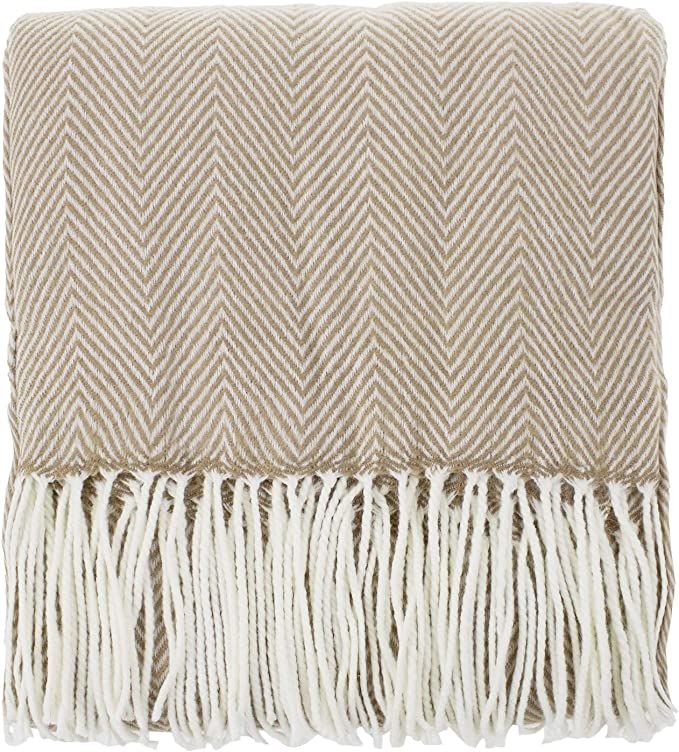 Fennco Styles Herringbone Collection Contemporary Fringed 50 x 60 Inch Throw - Camel Throw Blanke... | Amazon (US)