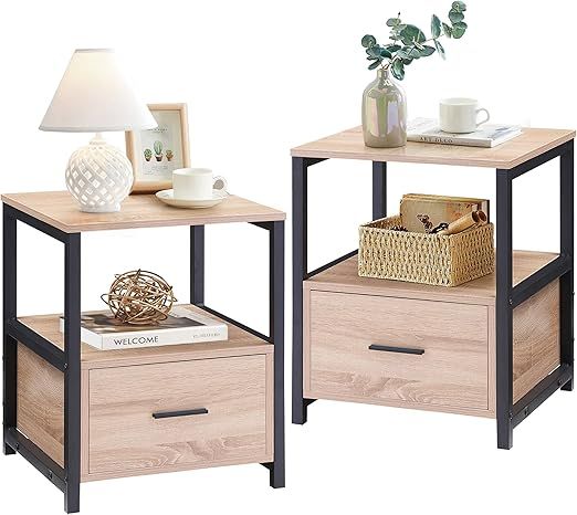 VECELO Nightstand Set of 2, Modern Square Side End Table, Night Stands with Drawer and Storage Sh... | Amazon (US)