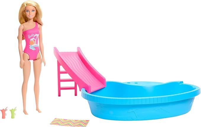 Barbie Doll and Pool Playset, Blonde in Tropical Pink One-Piece Swimsuit with Pool, Slide, Towel ... | Amazon (US)