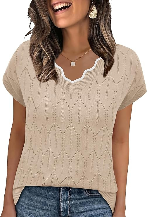 WIHOLL Short Sleeve Sweater for Women V Neck T Shirts Summer Tops 2026 Beach Vacation Clothes Tra... | Amazon (US)