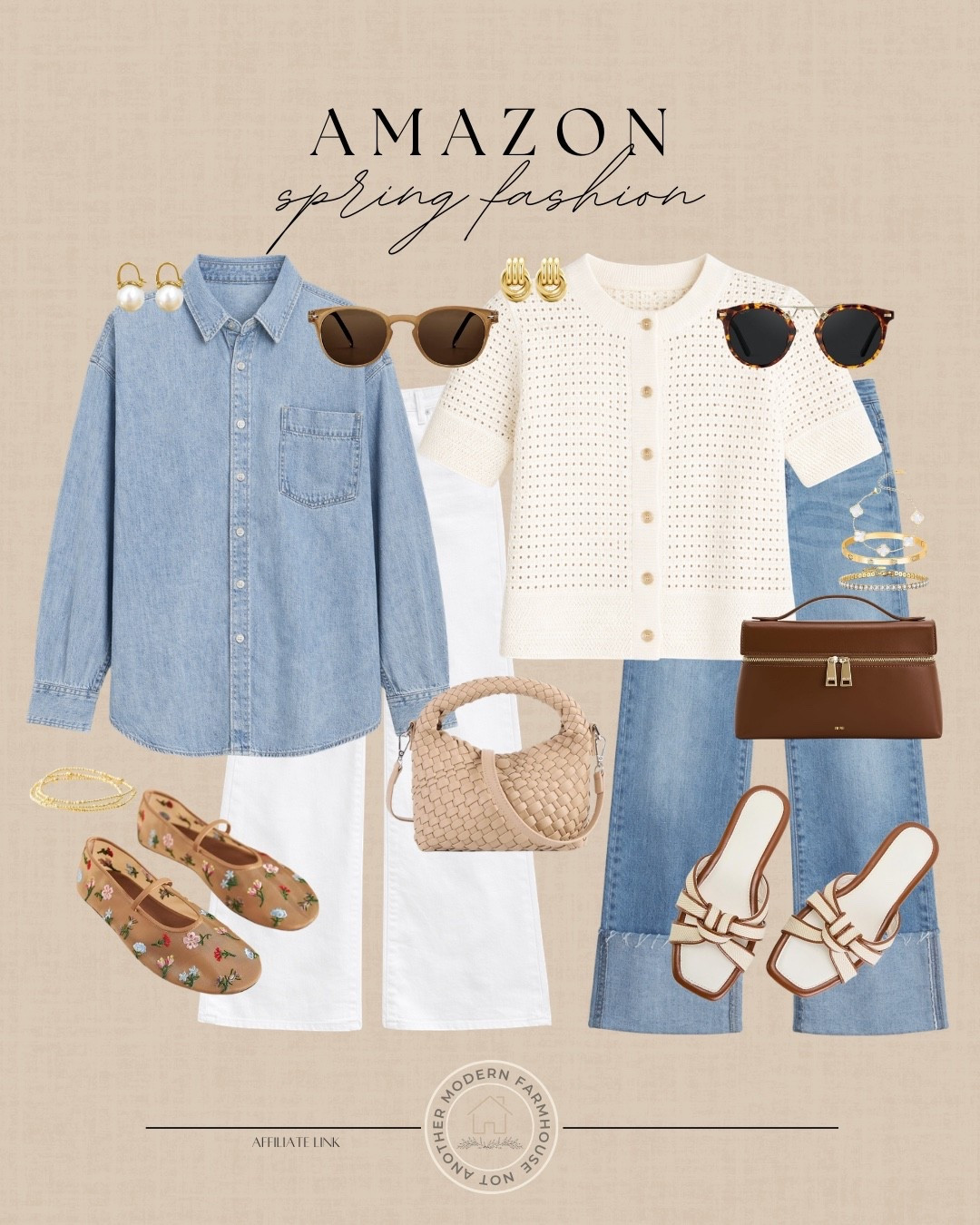 Amazon spring fashion finds. 🤍 Easy denim, light knits and classic accessories that make everyday outfits feel effortless for the season.

Amazon spring outfits, casual denim style, light knit cardigan, white wide leg pants, cropped jeans outfit, woven crossbody bag, tortoise sunglasses, gold jewelry accents, floral ballet flats, woven handbag trend, neutral sandals, everyday spring style, classic capsule wardrobe. 

 #LTKootd #LTKSeasonal