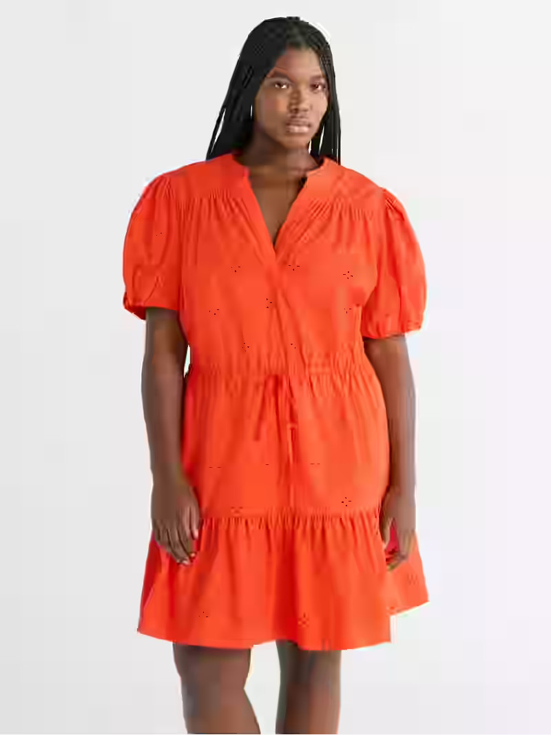 Free Assembly Women's and Women's Plus Cotton Eyelet Tiered Mini Dress with Puff Sleeves, Sizes X... | Walmart (US)