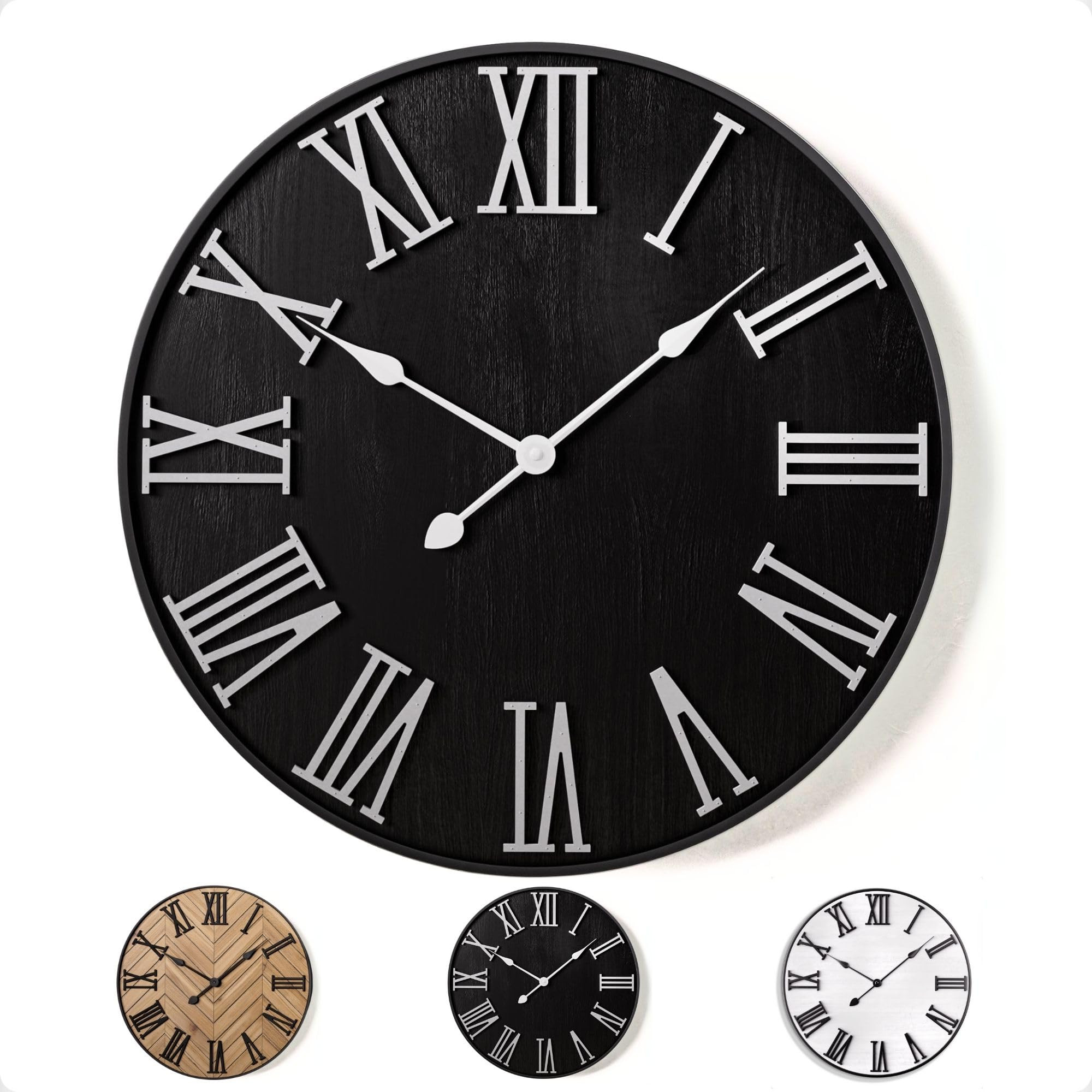 Large Wall Clock 24" Round - Silent Metal & Wood Large Farmhouse Wall Clock For Living Room Decor... | Amazon (US)
