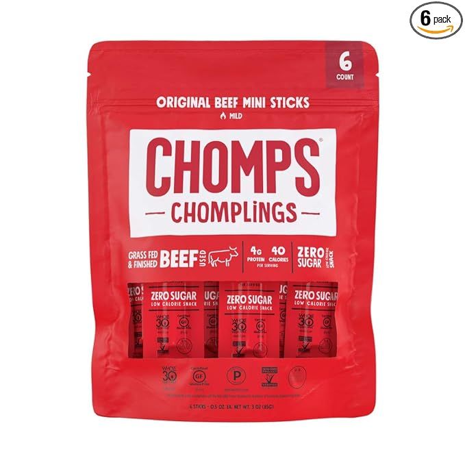 CHOMPS MINI Grass Fed Beef Jerky Meat Snack Sticks 0.5 Oz, Original Beef (Pack of 6) | Amazon (US)