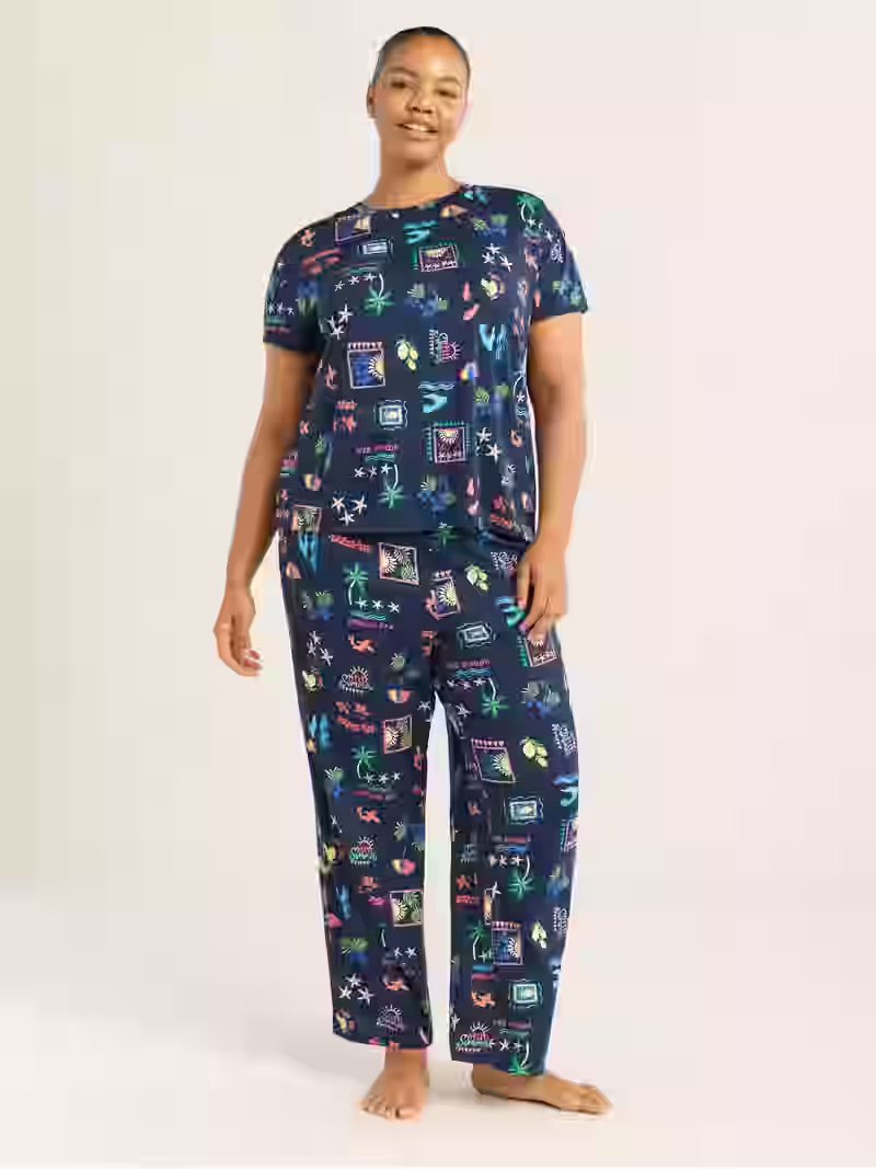 Joyspun Women's Short Sleeve Sleep Top and Open Leg Pants Pajama Set, 2-Piece, Sizes XS-3X - Walm... | Walmart (US)