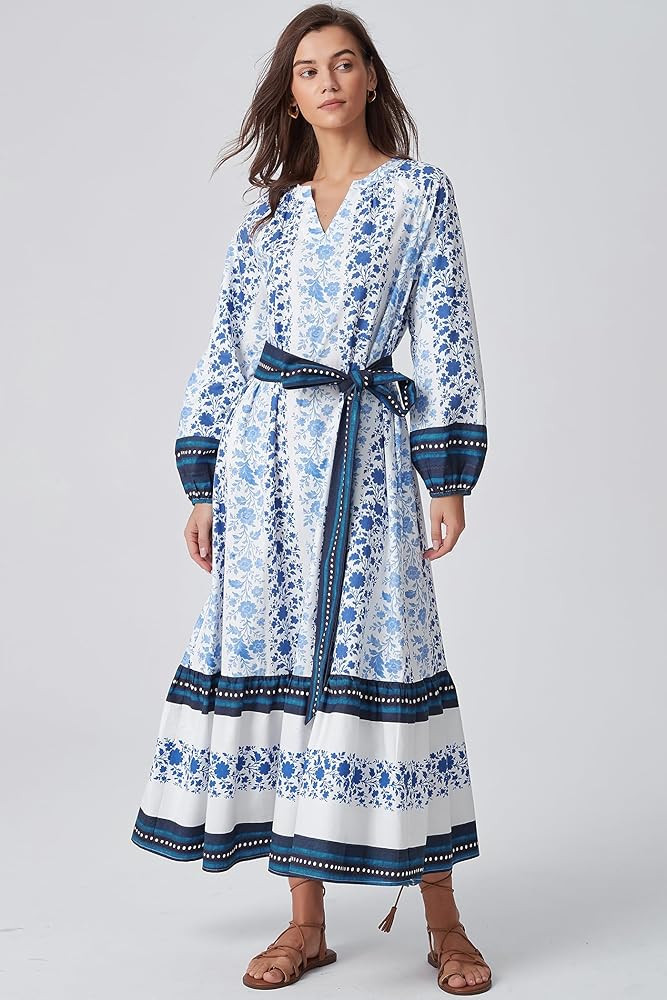 D-Sun Women Boho Maxi Dress Floral Puff Long Sleeves V Neck Tiered A-Line Flowy Long Printed Bohemian Dress with Belt Pocket | Amazon (US)