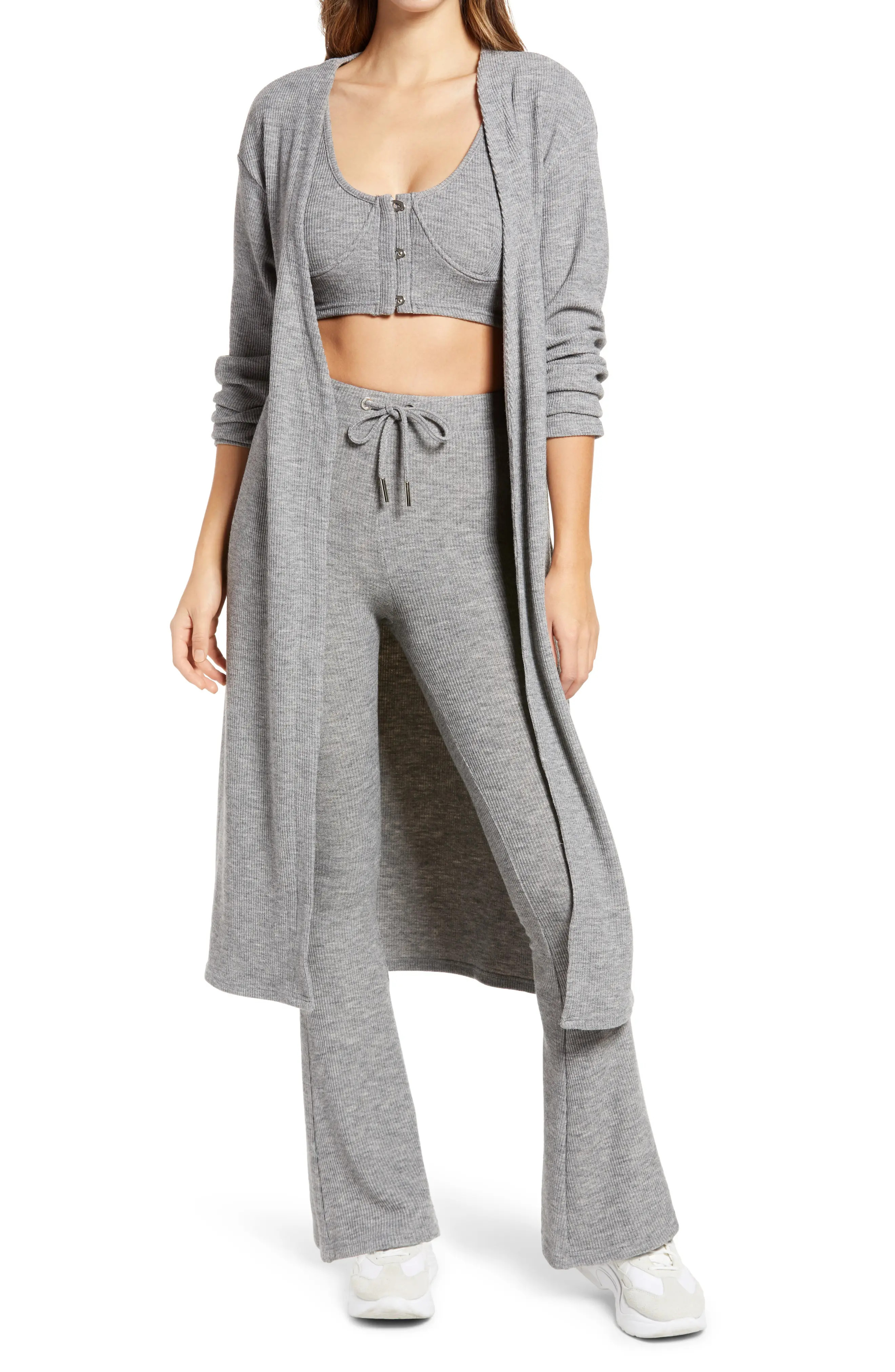 Women's Lavish Alice Long Belted Rib Cardigan, Size Medium - Grey | Nordstrom