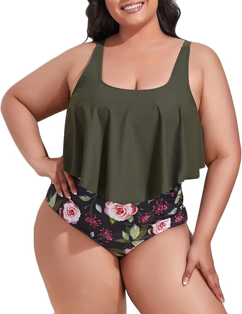 Mooncore Womens Plus Size Swimsuit High Waisted Tankini Bathing Suits Two Piece Flounce Bikini Sw... | Amazon (US)