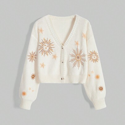 Women's Mysterious Date Witch Style Sun & Moon Embroidered Cardigan Sweater | SHEIN