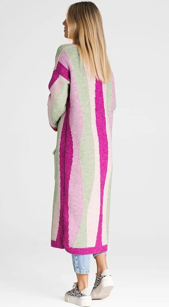 chouyatou Women's Fall Open Front Color Block Long Cardigan Sweater Coat Casual Vertical Striped ... | Amazon (US)