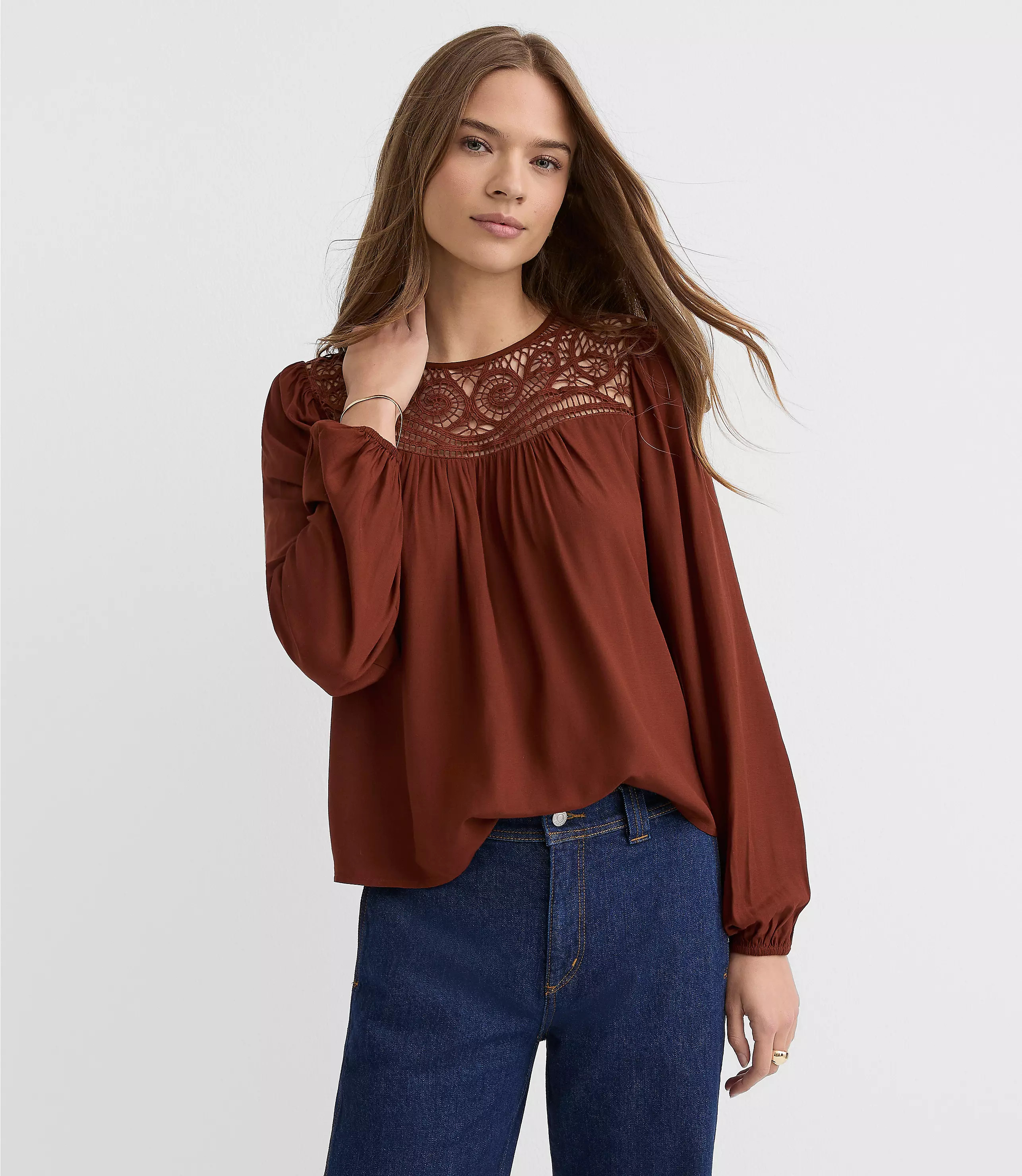 Cutout Lace Yoke Blouse | LOFT