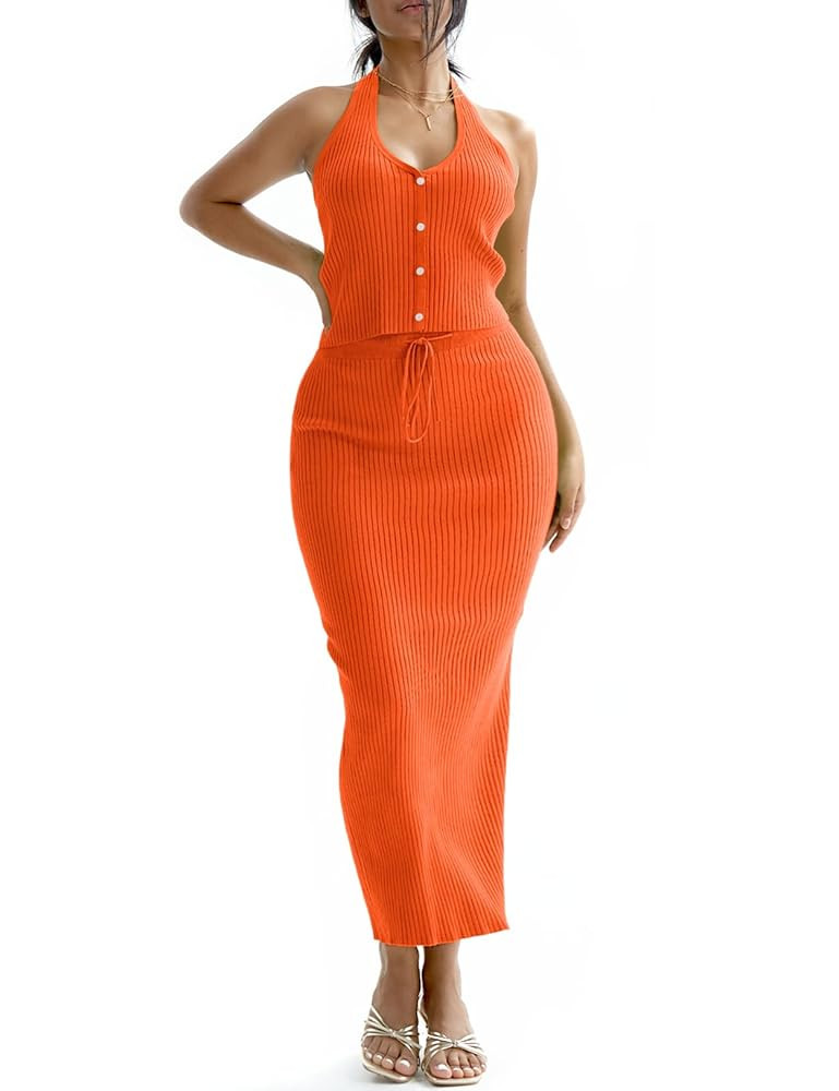 CHERFLY Womens 2 Piece Outfits 2025 Summer Sweater Skirt Sets Halter Top Midi Bodycon Dress | Amazon (US)