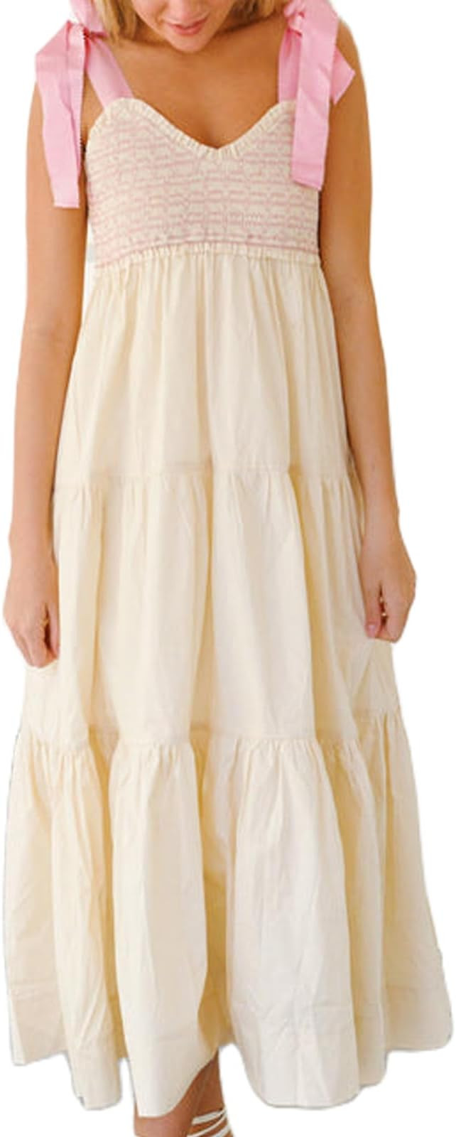 Women Y2K Floral Flowy Long Maxi Dress Tie Shoulder Spaghetti Strap Smocked Tiered Boho Swing A-l... | Amazon (US)
